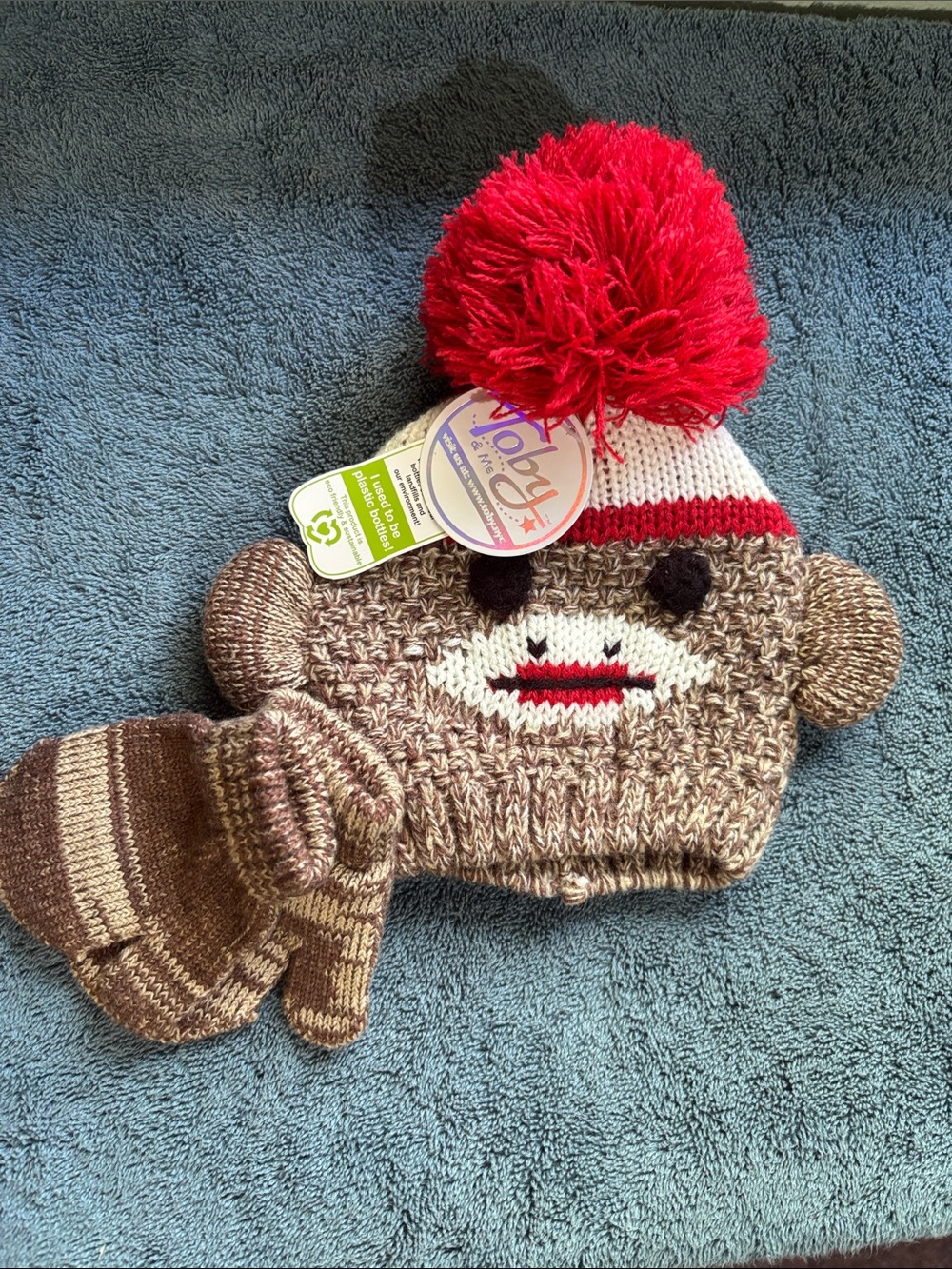 Toby &Me Kids Red Pom Sock Monkey Beanie and Mittens Set Size 6-18 months